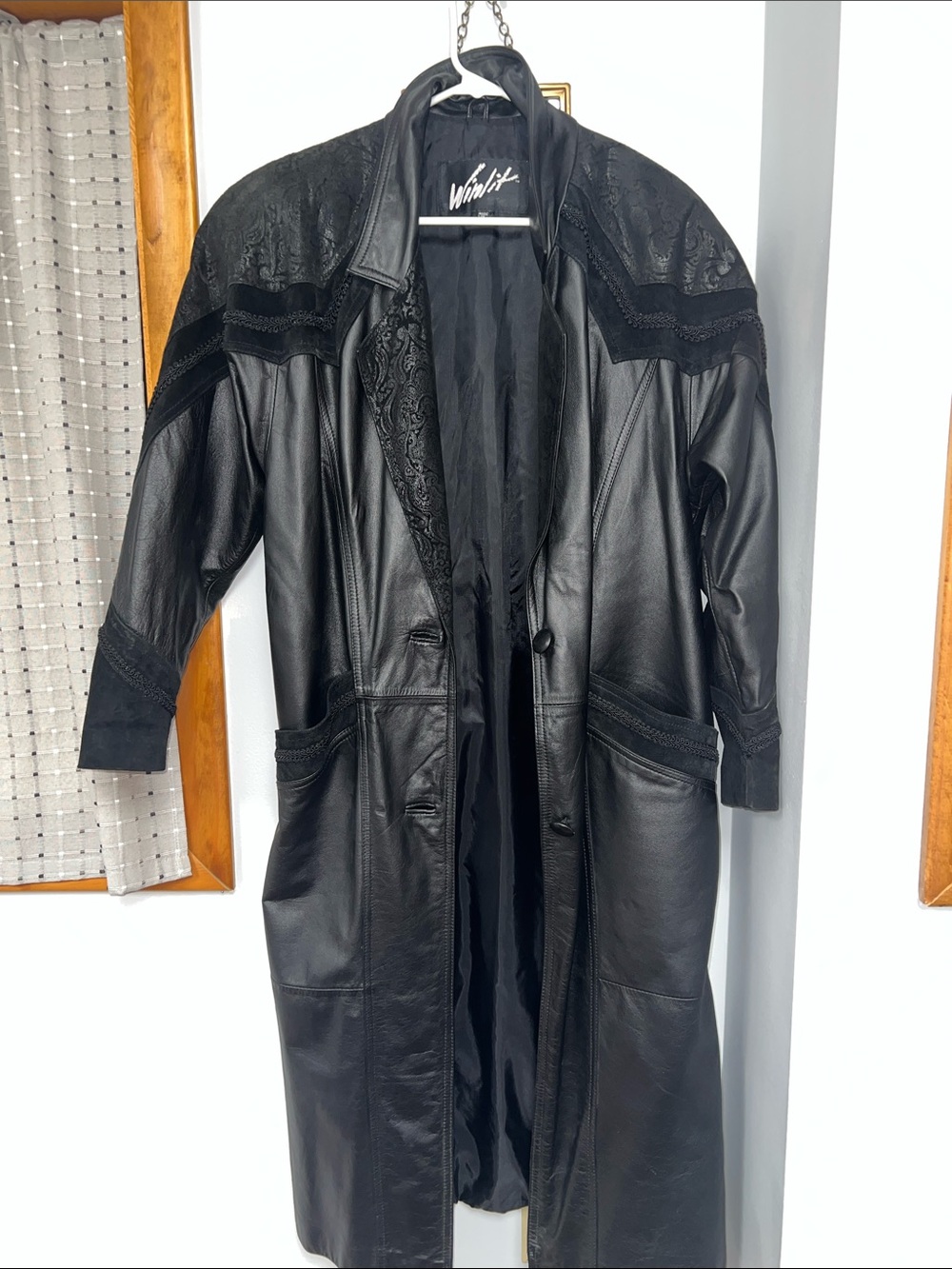 Winlit Black Leather Trench Coat for Men